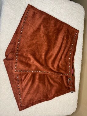 Rust Suede-Look Studded Skort with Buckle Detail